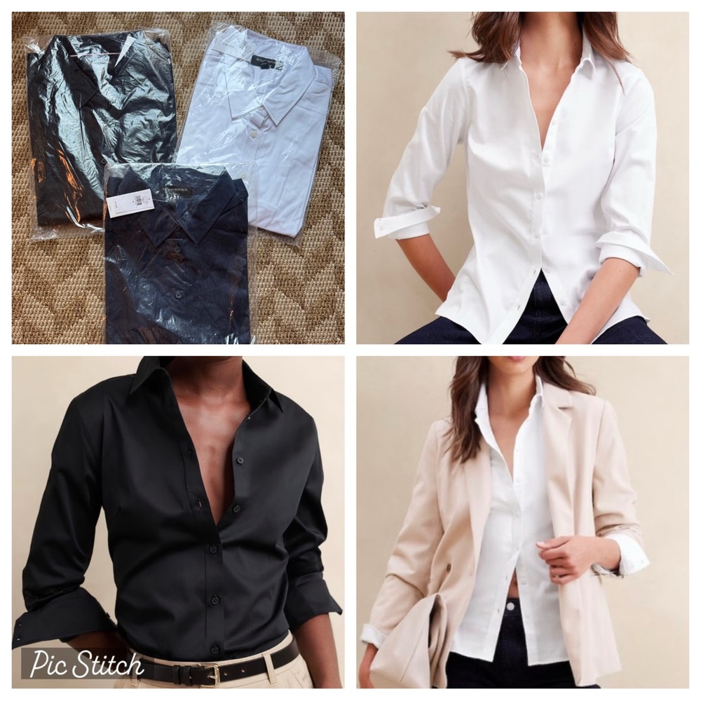 3 Banana Republic Tailored Fit Button Shirt Blouses Black, White & Navy Sz 14